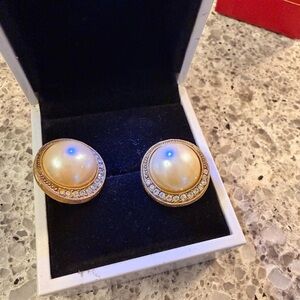 Rare Vintage Gold-Tone Pearl Clip-On Earrings with Crystal Halo